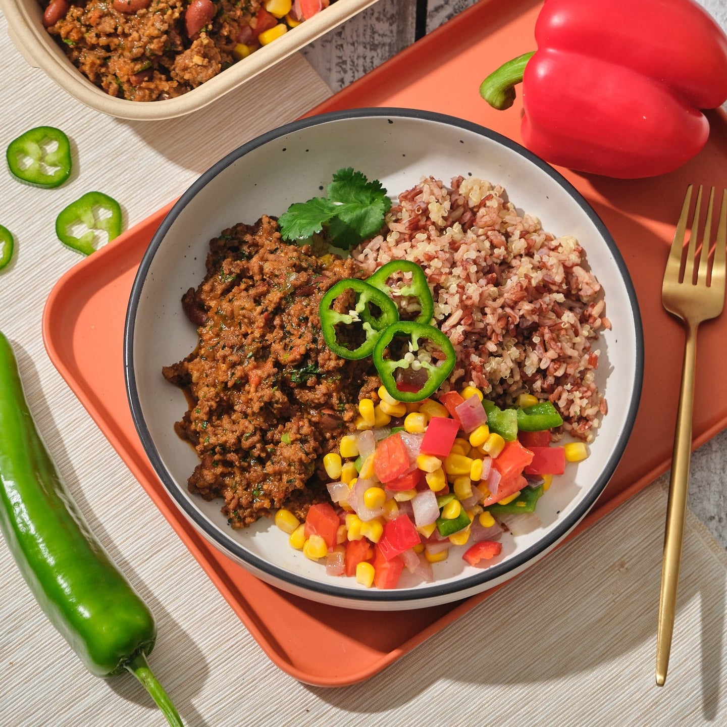 Plant-Based Beef Chilli with Charred Corn, Roasted Peppers, Tomatoes, Cheddar Cheese & Steamed Brown Rice & Kidney Beans