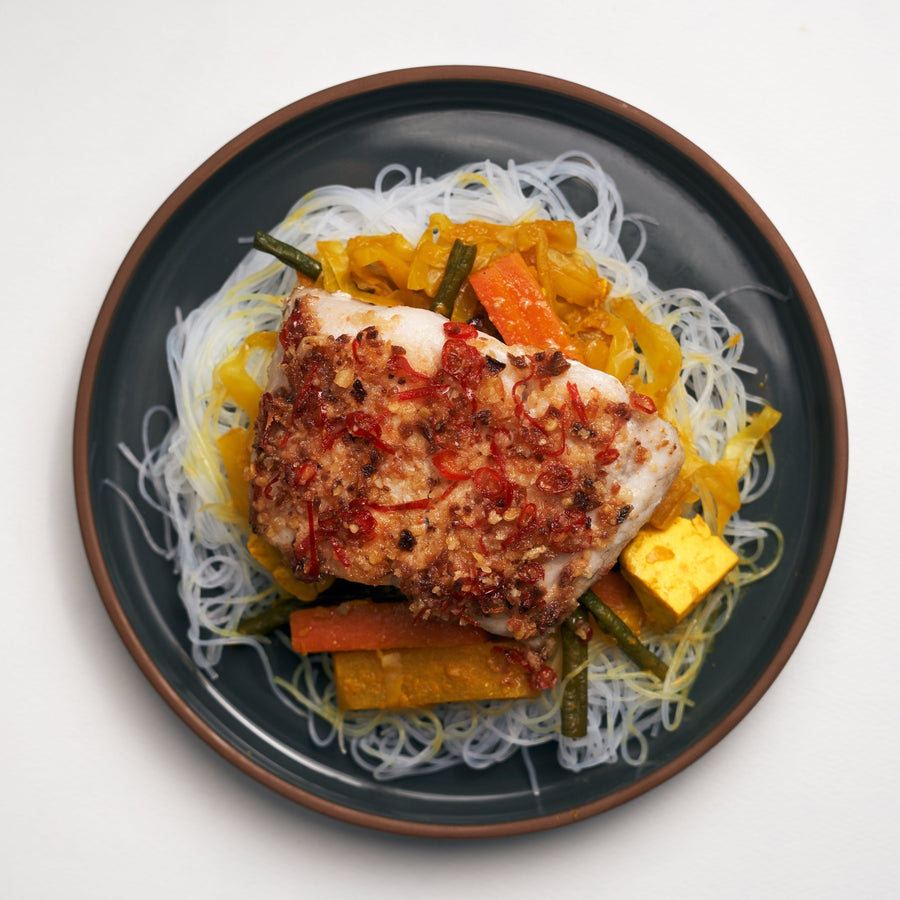 Low Fat Chilli Baked Tofu Steak with Sayur Lodeh & Rice Vermicelli Noodles