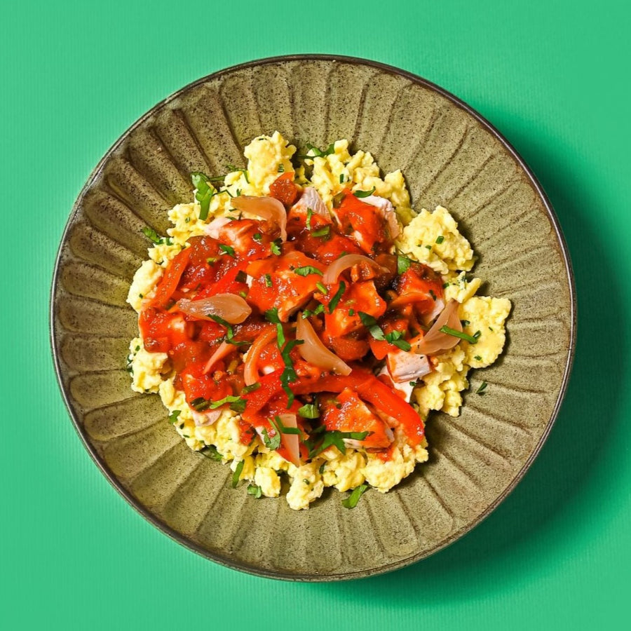 Piperade, Basque Style Scrambled Eggs with Roasted Peppers & Caramelized Onions