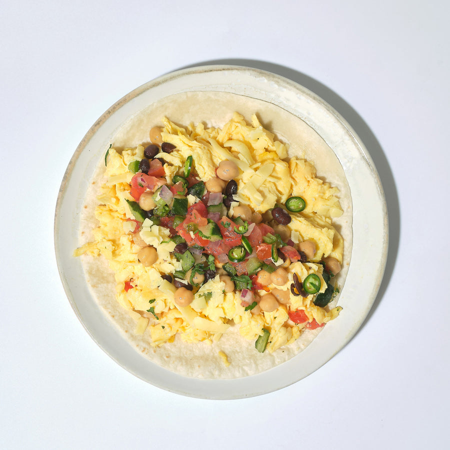 Chipotle Spiced Chickpea Burrito with High Protein Scrambled Eggs, Black Beans, Cheddar Cheese & Pico De Gaillo