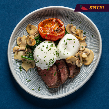 Poached Eggs and Sliced Beef Tenderloin with Spinach, Mushrooms, Roasted Tomato & Chimichurri