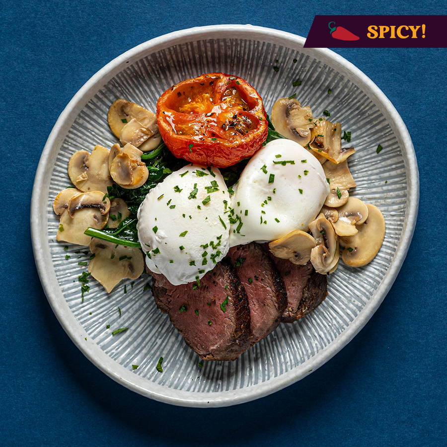 Poached Eggs & Sliced Beef Tenderloin with Spinach, Mushroom, Roasted Tomato & Chimichurri