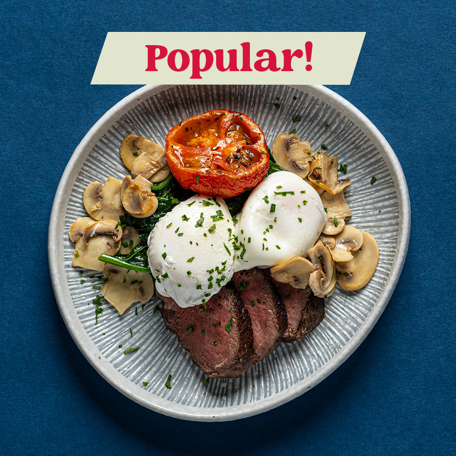 Poached Eggs & Sliced Beef Tenderloin with Spinach, Mushroom, Roasted Tomato & Chimichurri