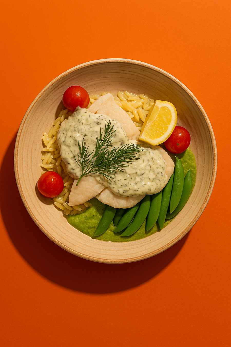 Roasted Plant-Based Fish in Lemon Caper Dill Sauce with Pea Puree & Orzo Pasta