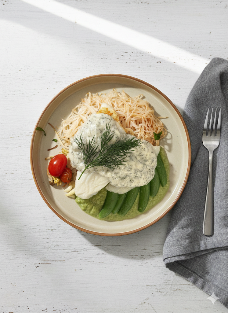 Roasted Fish in Lemon Caper Dill Sauce with Pea Puree & Orzo Pasta