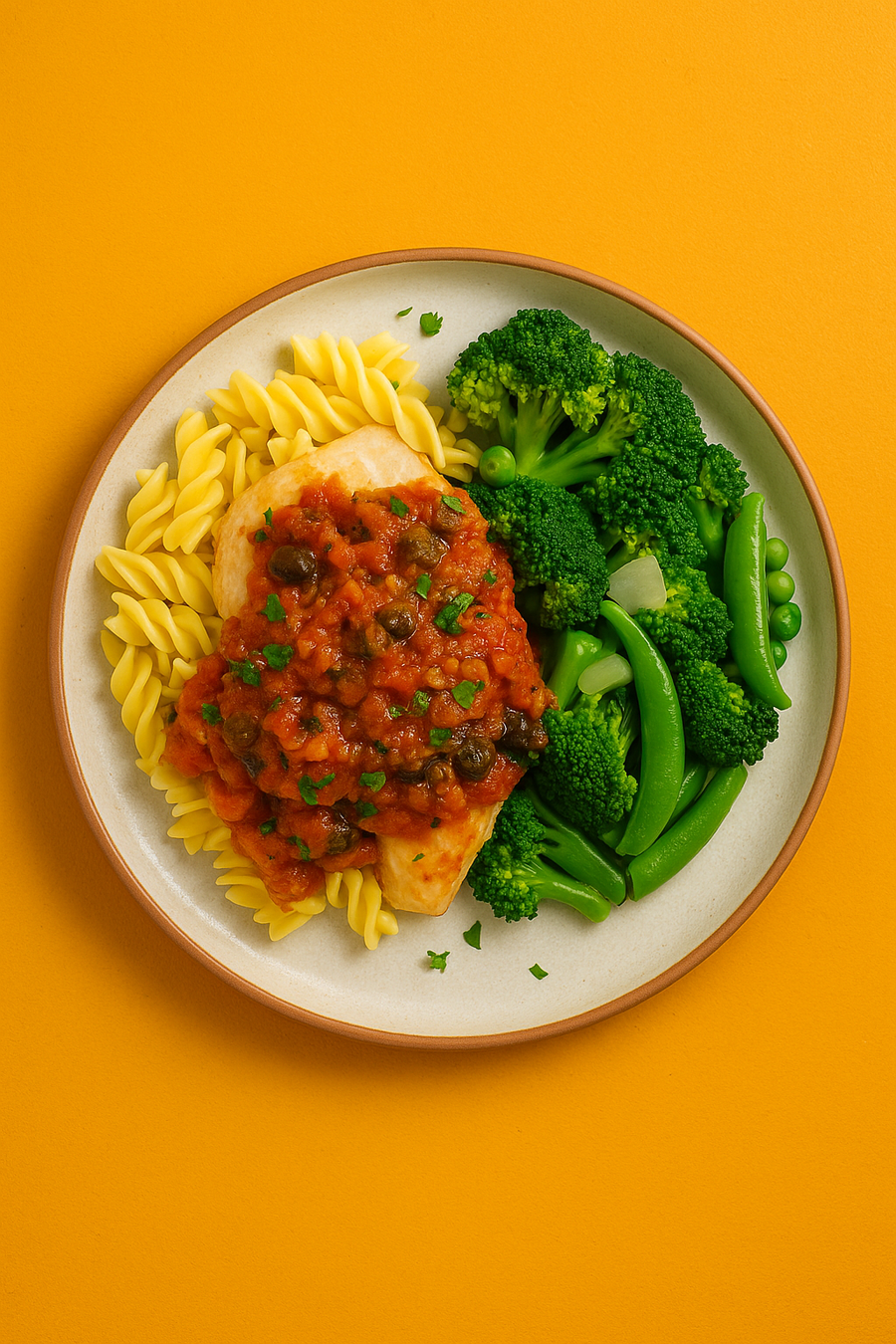 Roasted Halibut in Puttanesca Sauce with Green Vegetables