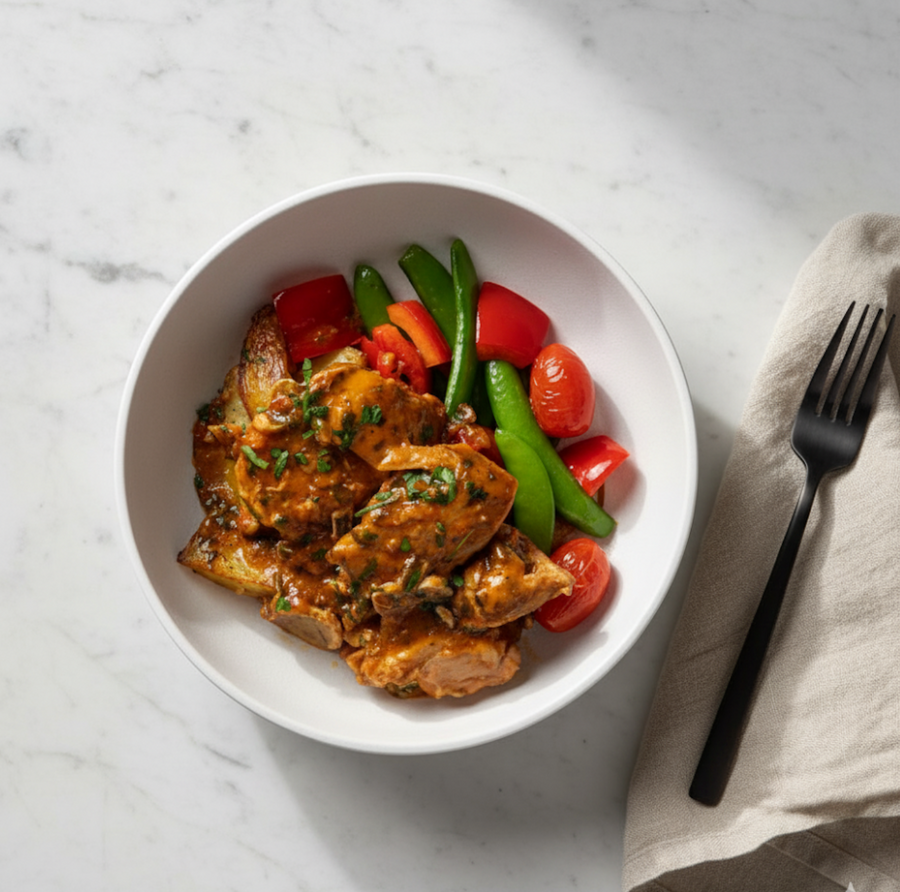 Chicken Chasseur Stew with Roasted Mushrooms, Red Peppers, Snow Peas & Mashed Potatoes
