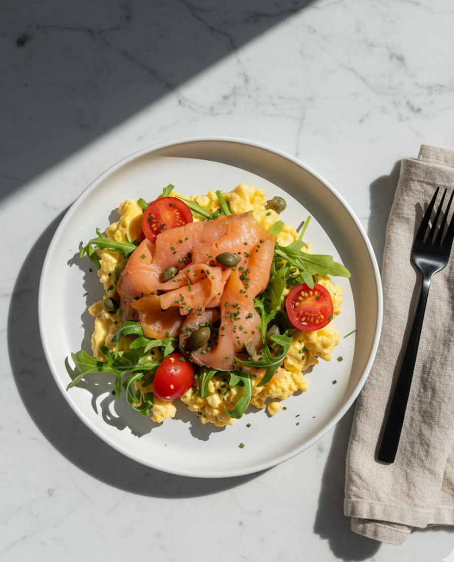 Smoked Salmon Scramble with Arugula, Capers & Cherry Tomato
