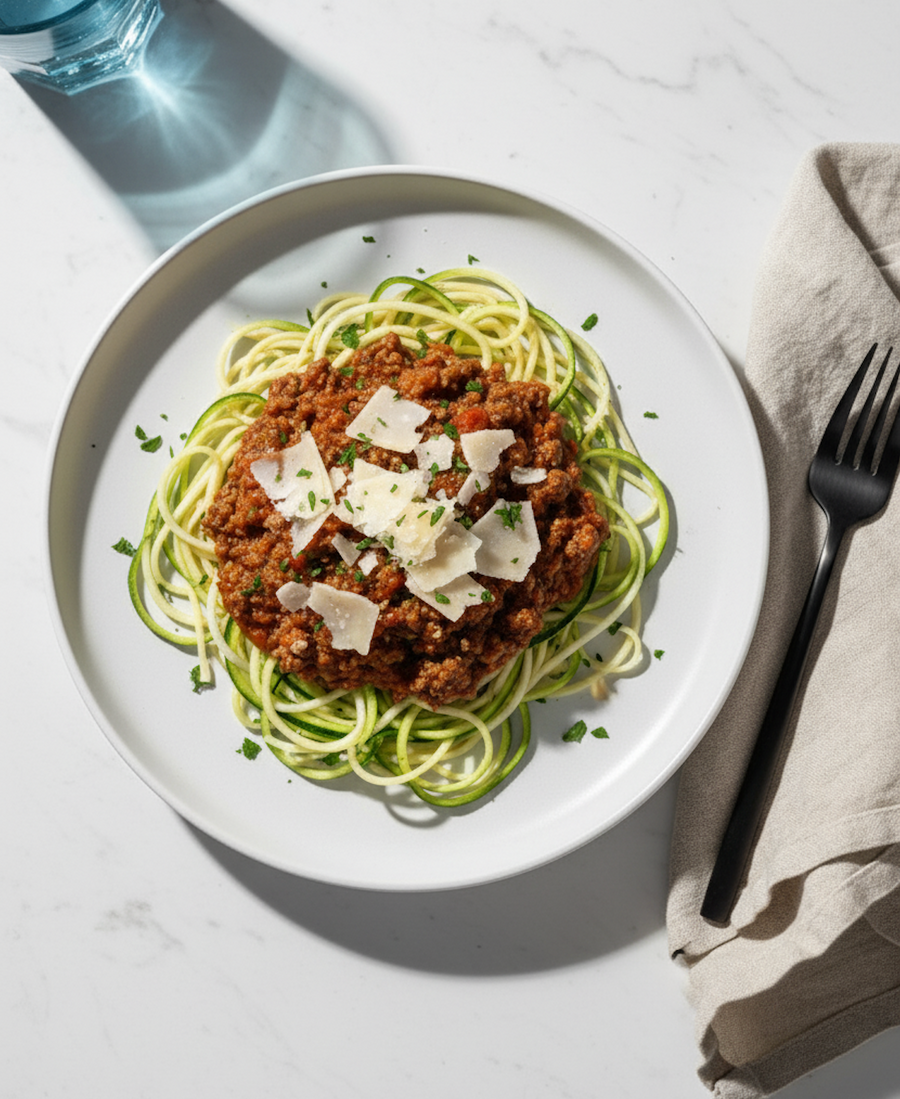 Plant-Based Beef Bolognese with Zucchini, Parmesan & Spaghetti