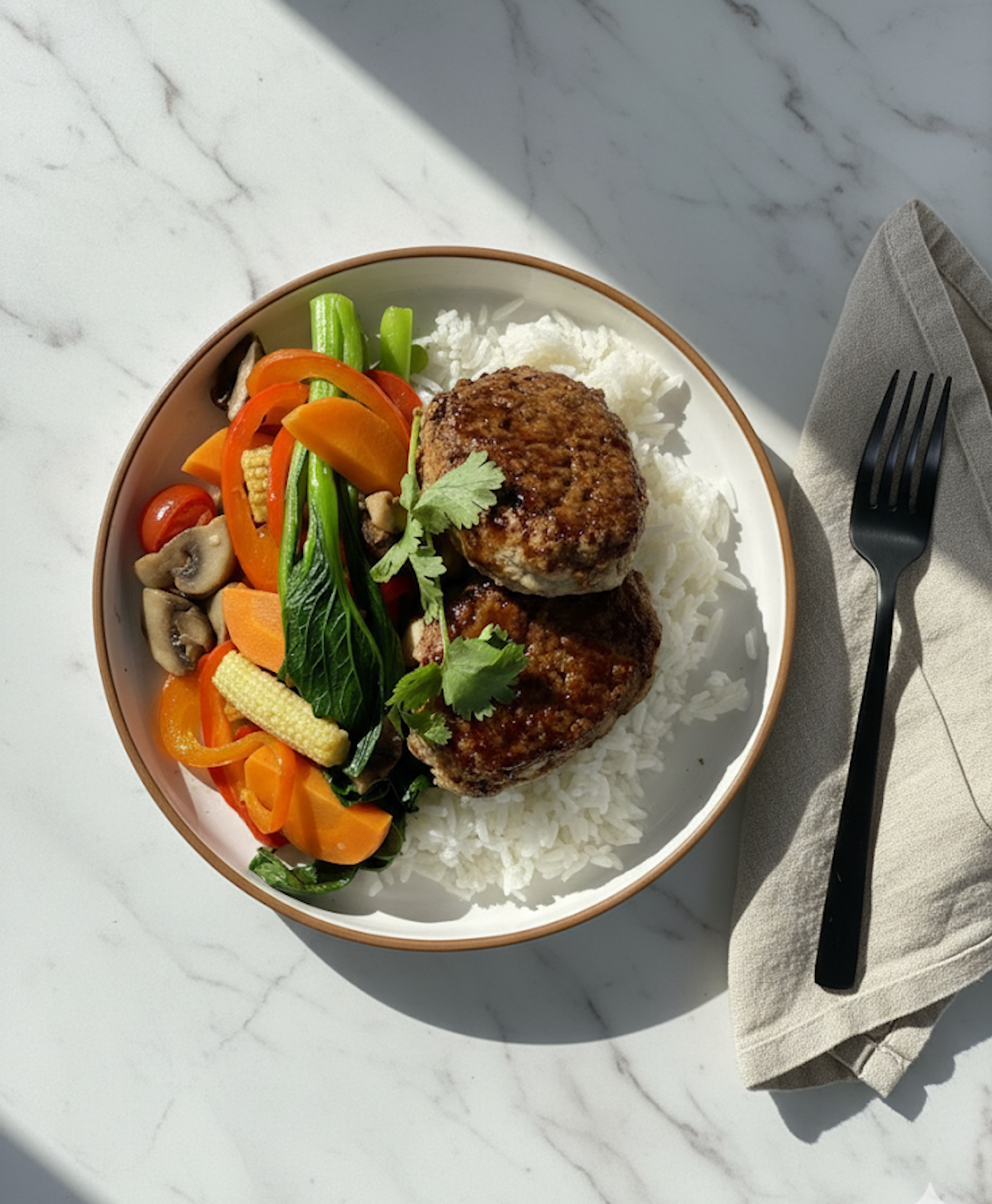 Thai Pork Patty with Cilantro Sauce, Thai Vegetables & Steamed Jasmine Rice