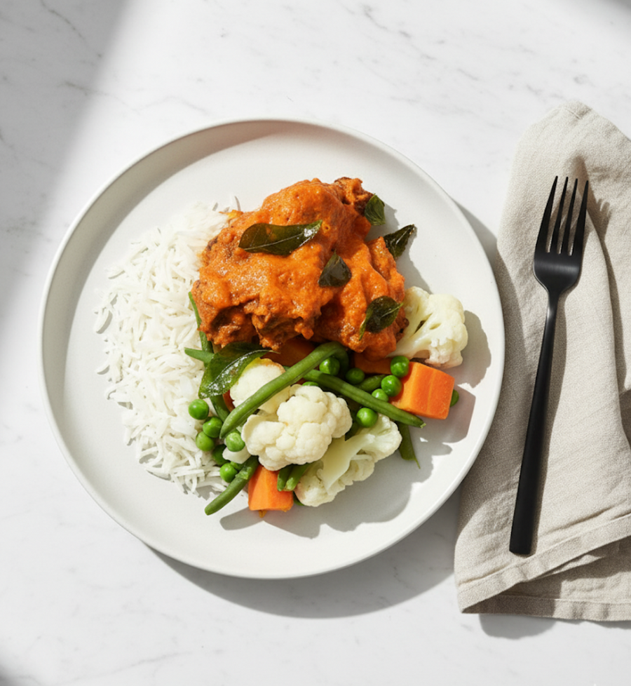 Lamb Curry with Tomato, Cauliflower, Green Beans & Steamed Basmati Rice