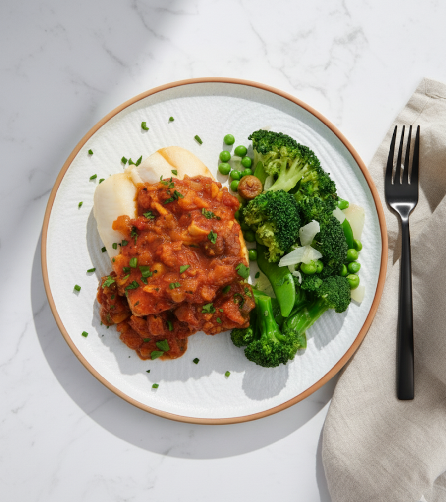 Roasted Halibut in Puttanesca Sauce with Green Vegetables