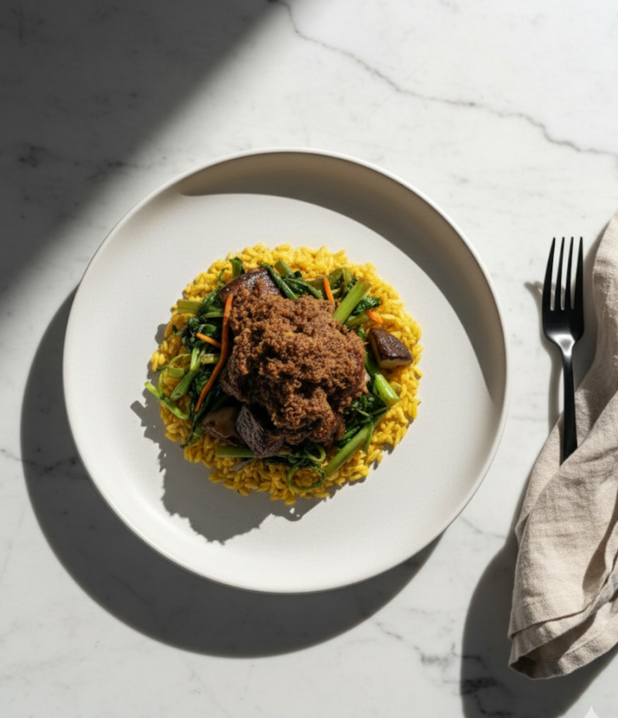Padang Beef Rendang with Spinach, Shiitake Mushrooms, Shredded Carrots & Turmeric Rice