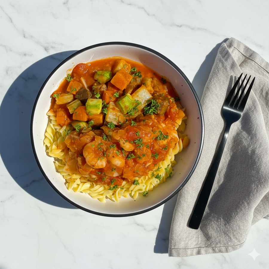 Seafood Stew with Roasted Zucchini, Roasted Eggplant, Chickpeas & Fusilli