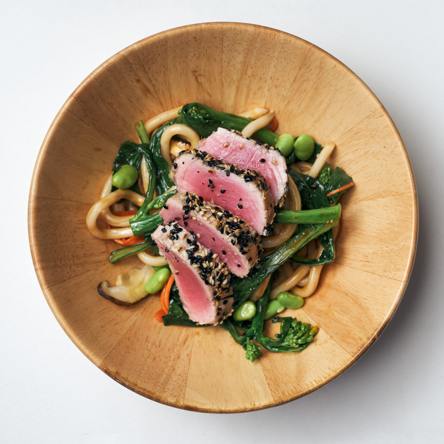 Sesame Tuna with Oyster Sauce, Shredded Cabbage, Edamame & Udon Noodles