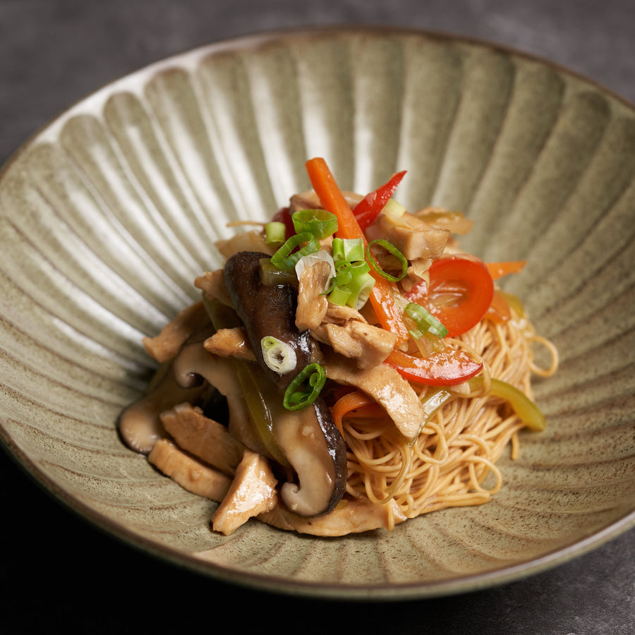 Shanghai Fried Noodles with Minced Pork, Black Mushrooms, Cabbage & Carrots