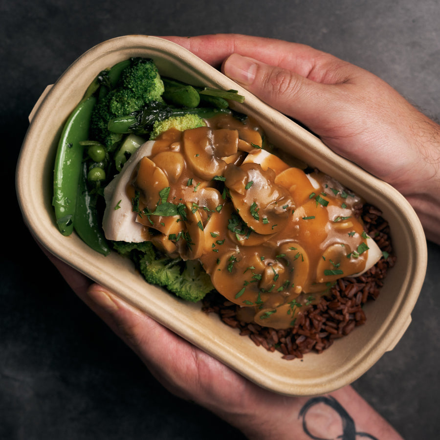 Sous Vide Chicken Breast in Mushroom Gravy with Mixed Green Vegetables