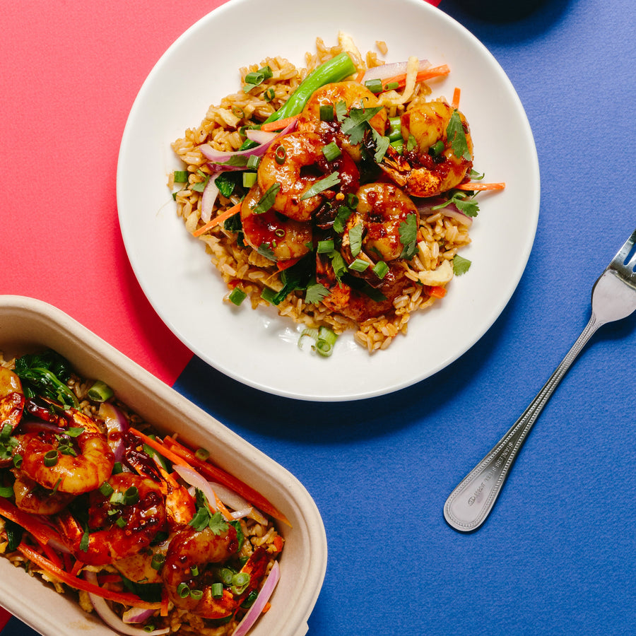 Southeast Asian Chili Prawns with Baby Choy Sum & Onion