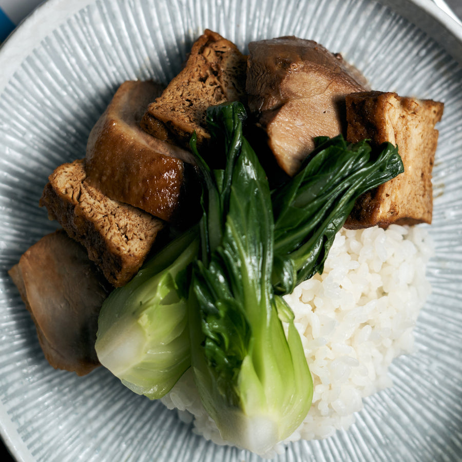 Soya Sauce Duck Breast with Tofu, Shanghai Brassica & Jasmine Rice