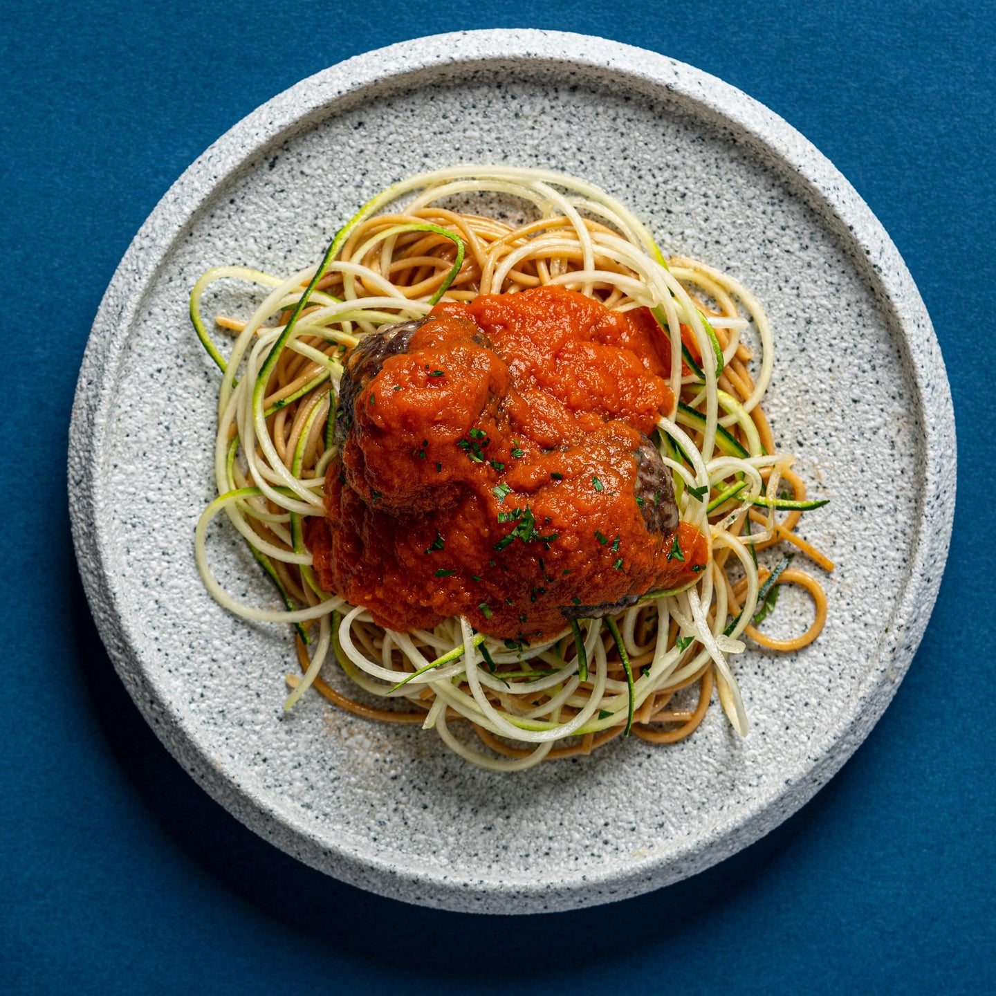 Italian Plant-Based Beef Meatballs with Low Fat Marinara Sauce, Zucchini & Whole Wheat Spaghetti