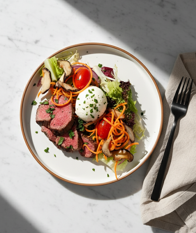 Steak and Mesclun Salad with Shiitake Mushrooms, Boiled Egg & Soy Truffle Vinaigrette