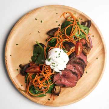 Steak and Spinach Salad with Shiitake Mushrooms, Poached Egg & Soy Truffle Vinaigrette