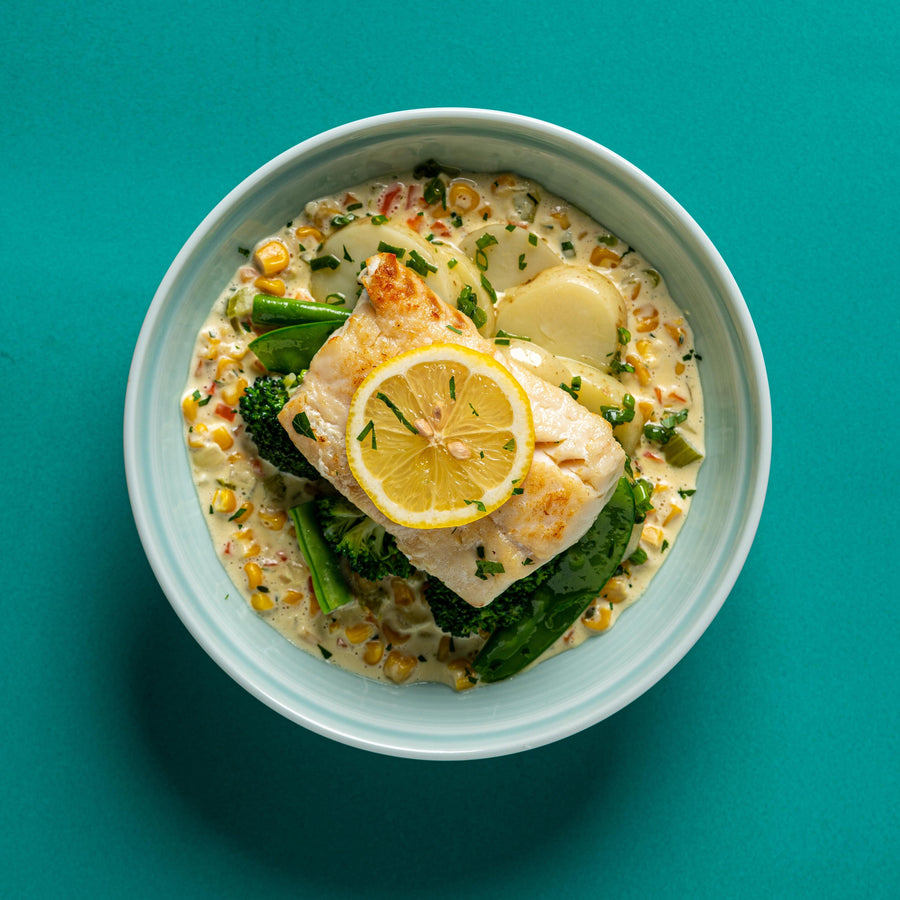 Steamed Halibut in Clam Chowder Sauce with Green Vegetables & Steamed Potatos and Scallions