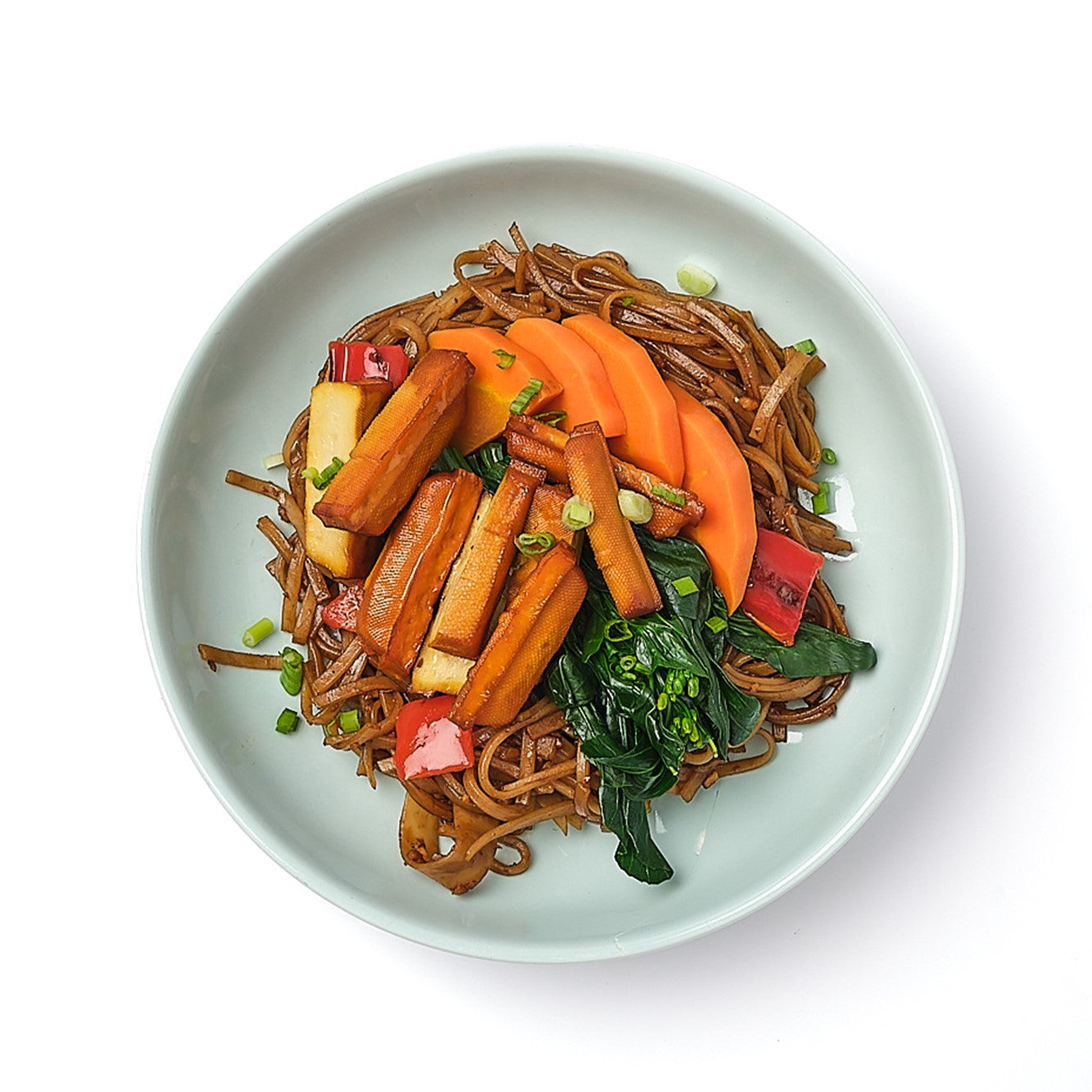 Stir Fry Tofu with Kai Lan, Carrots, Red Pepper & Flat Rice Noodles