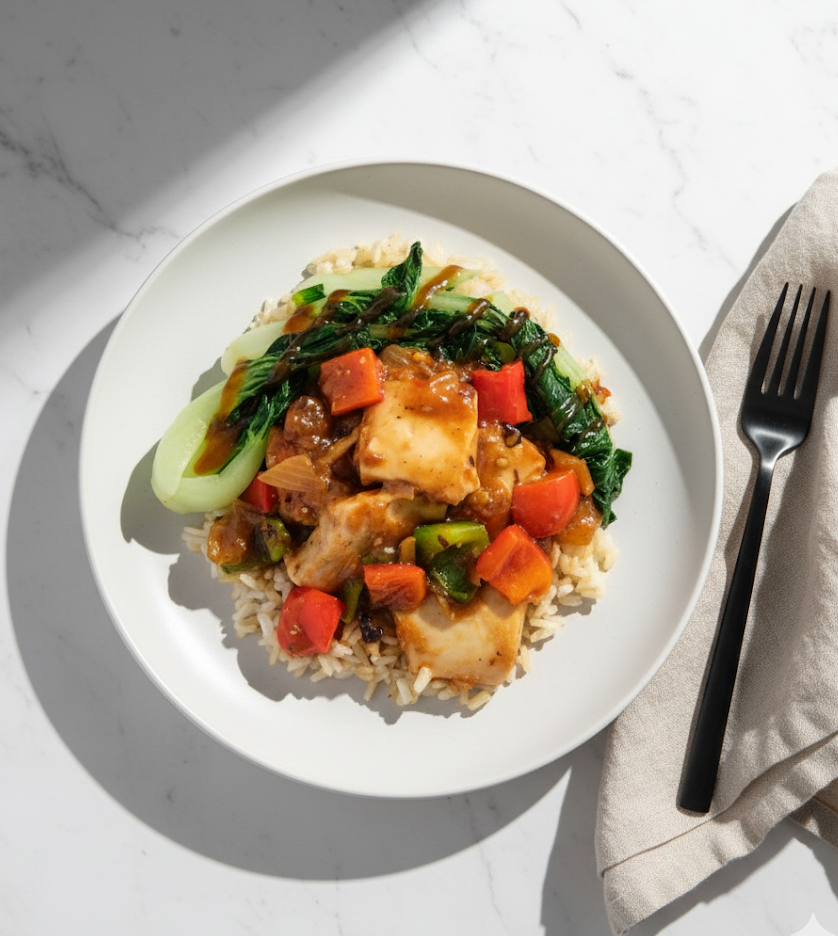 Stir Fry Chicken in Black Bean Sauce with Baby Bok Choy & Brown Rice