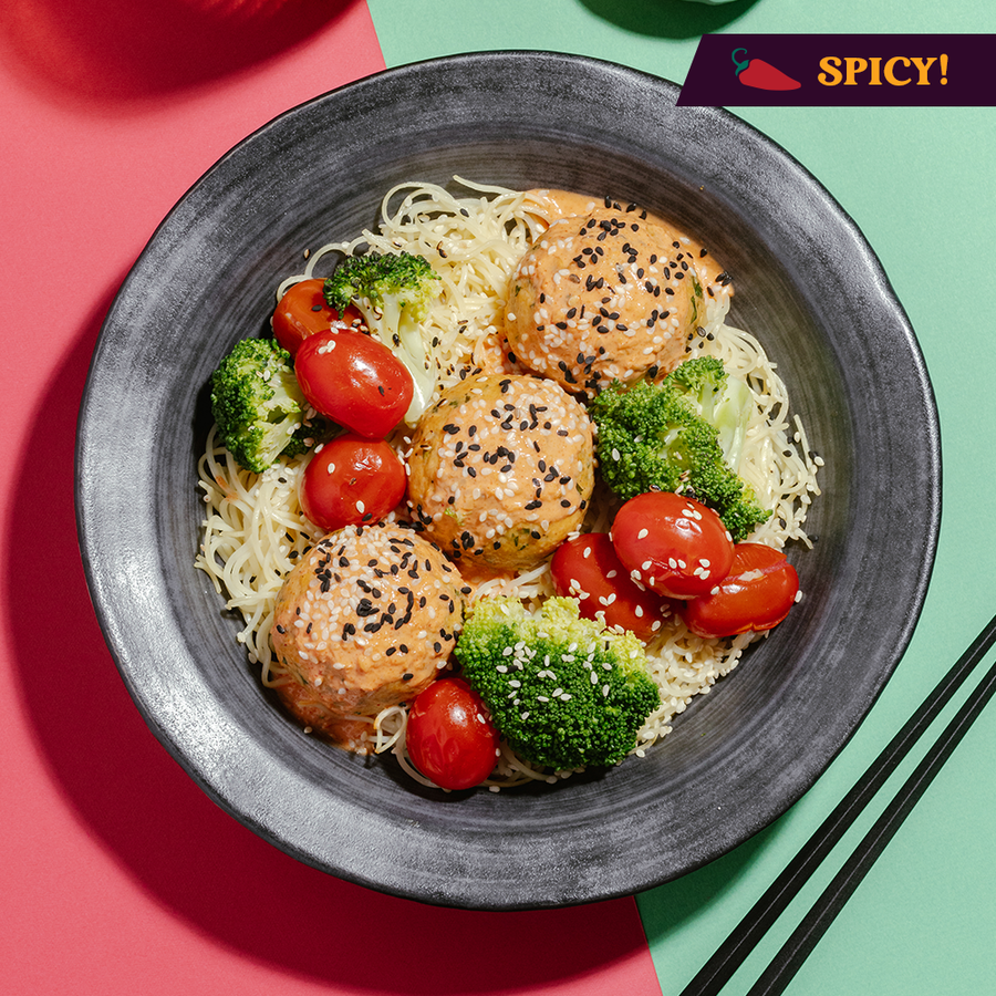 Sweet & Spicy Gochujang Sesame Chicken Meatballs With Charred Broccoli, Cherry Tomatoes & Egg Noodles