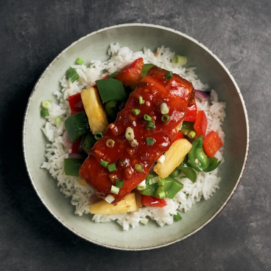 Sweet and Sour Style Plant-Based Fish with Peppers, Onions, Pineapple & Steamed Jasmine Rice