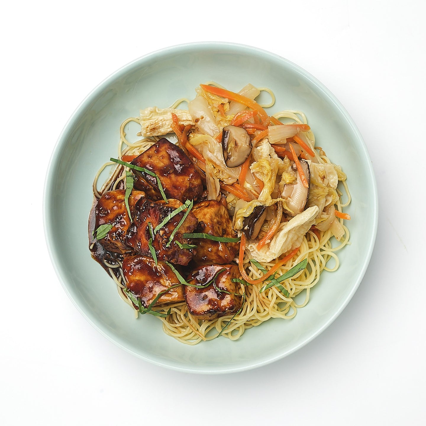 Taiwanese Basil Tofu with Braised Napa Cabbage, Carrots, Tofu Skin & Egg Noodles