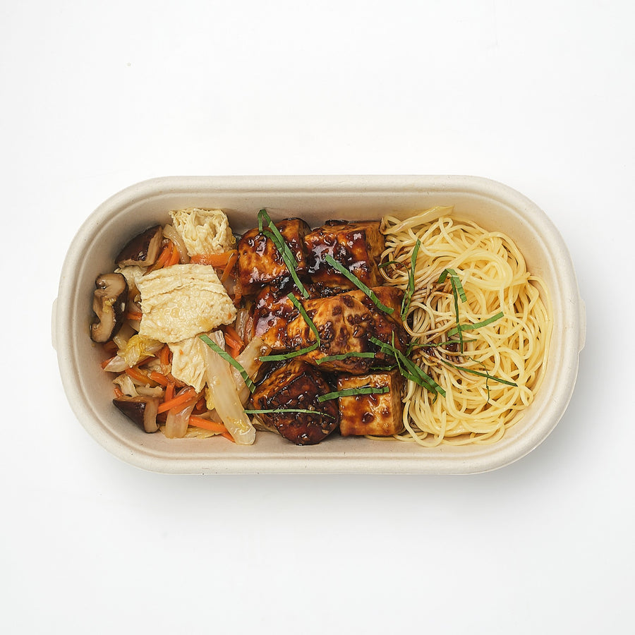 Taiwanese Basil Tofu with Braised Napa Cabbage, Carrots, Tofu Skin & Egg Noodles