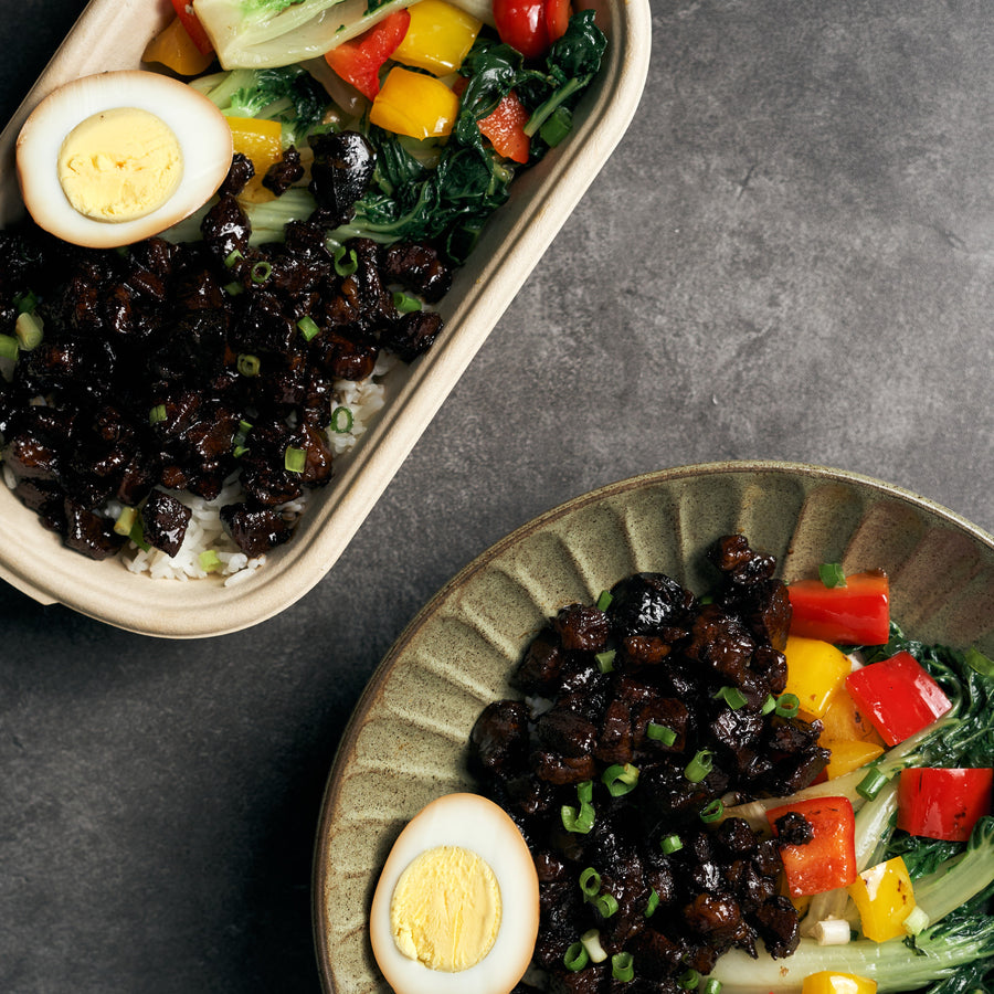 Taiwanese Pork Bowl with Soy Braised Egg, Bok Choy & Peppers