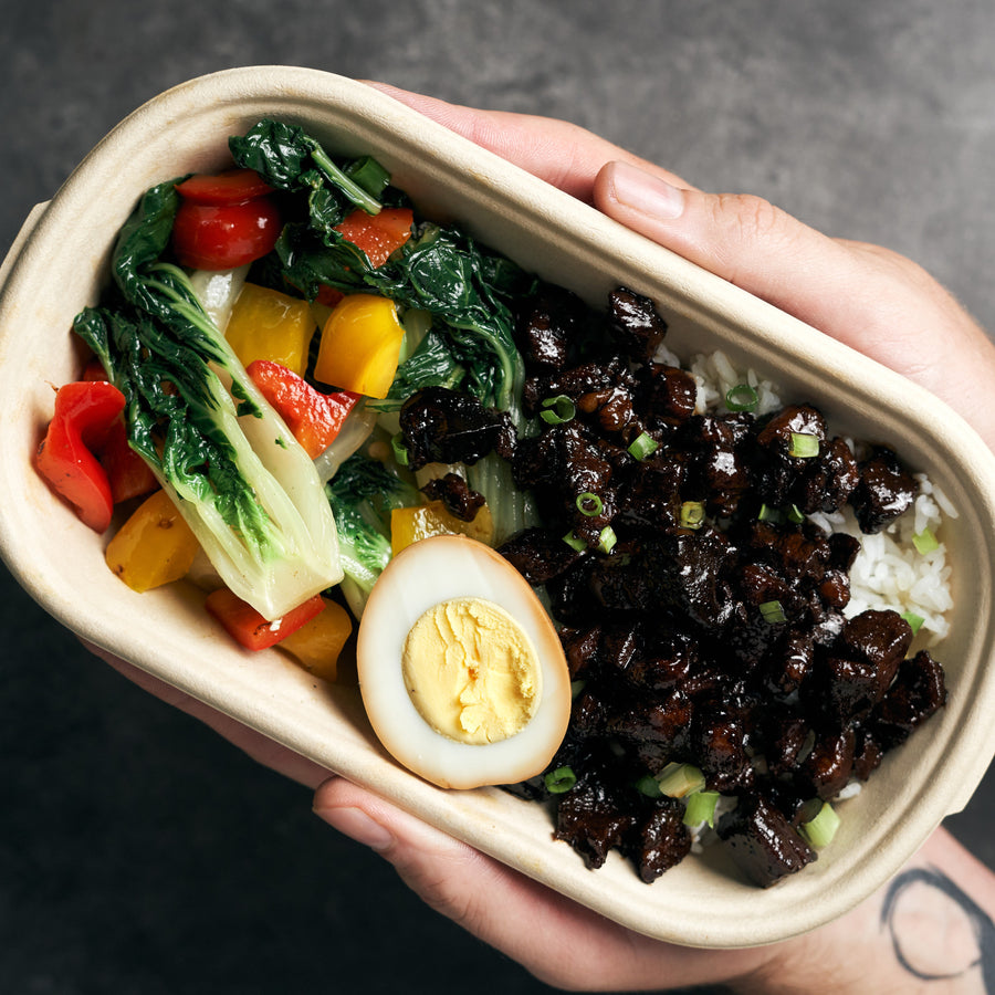 Taiwanese Pork Bowl with Soy Braised Egg, Bok Choi & Peppers