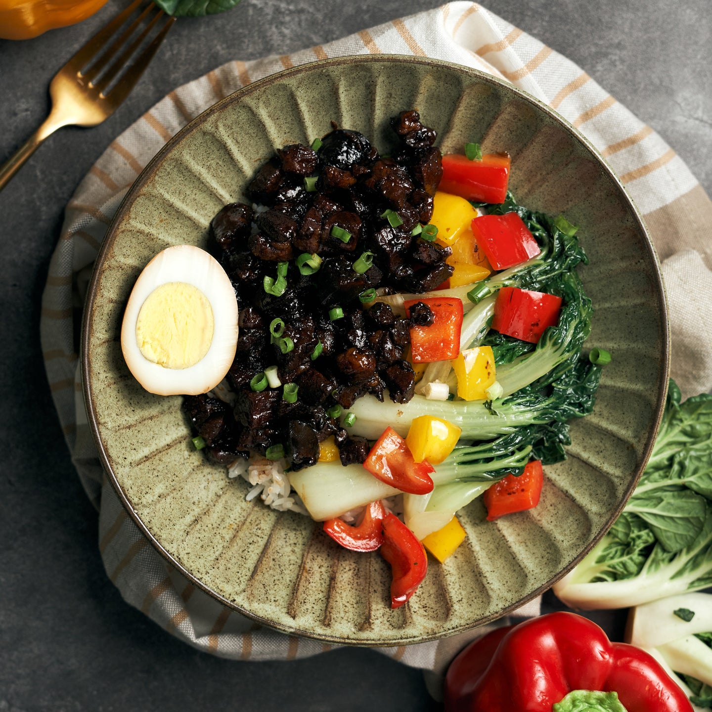 Taiwanese Pork Bowl with Soy Braised Egg, Bok Choy, Peppers & Steamed Jasmine Rice