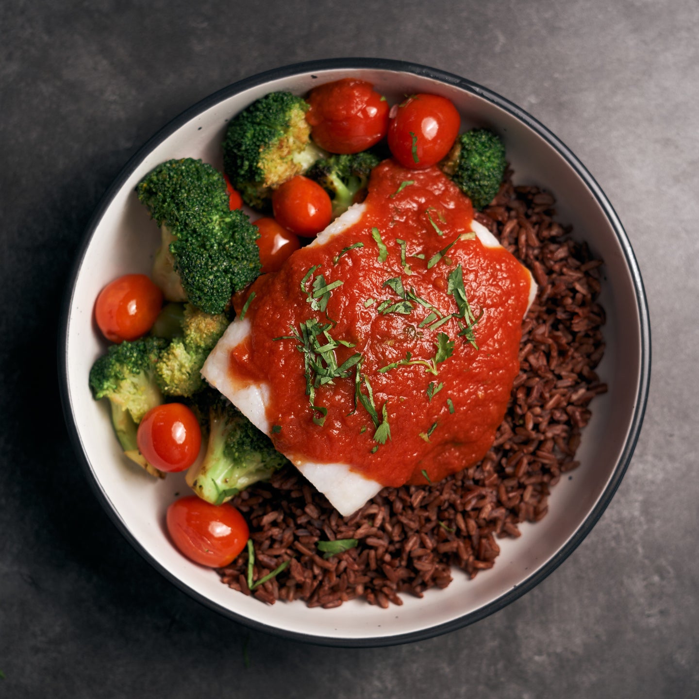 Tamarind and Pineapple Plant-Based Fish Fillet with Roasted Broccoli, Tomatoes, Asam Sambal & Steamed Brown Rice