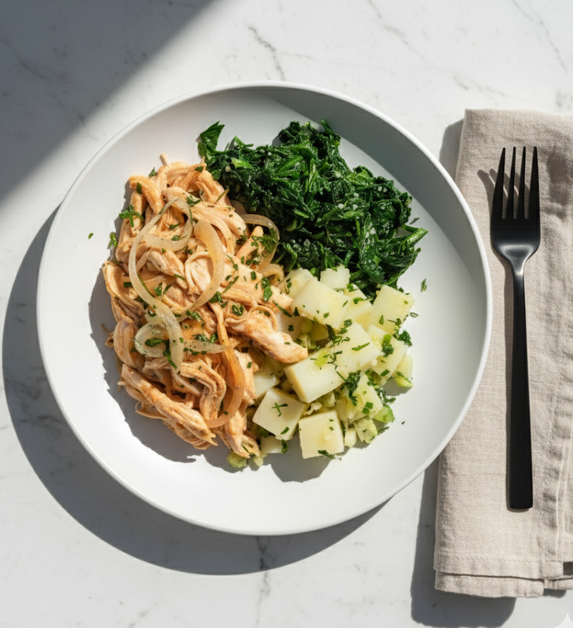 Texas Style Pulled BBQ Lean Chicken with Sauteed Spinach and Peppers & Loaded Mash Potatoes