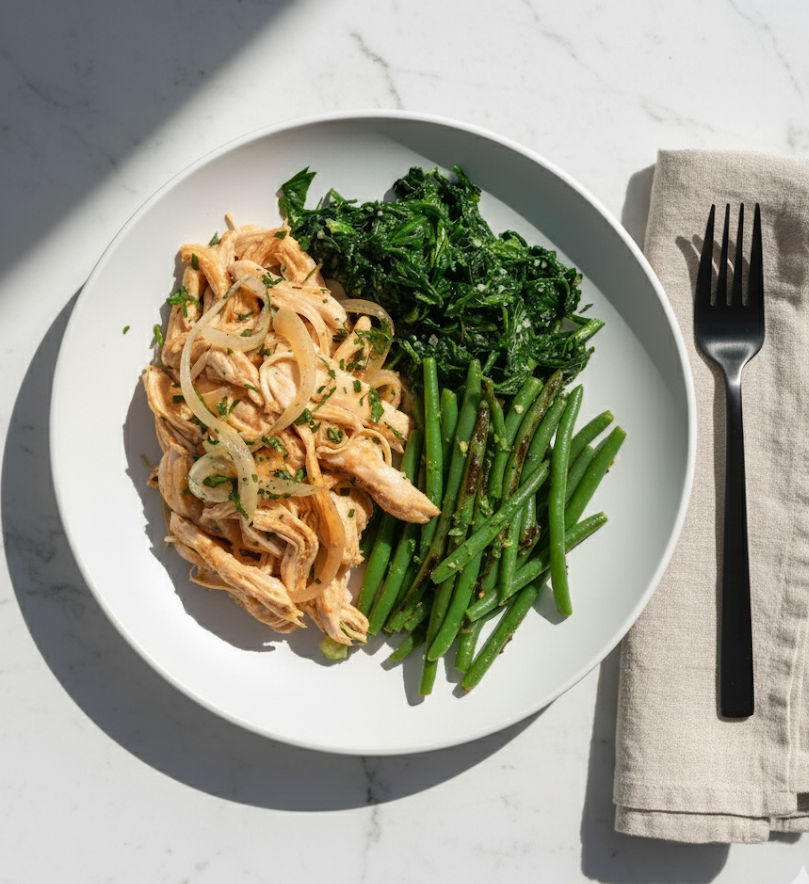 Texas Style Pulled BBQ Lean Chicken with Sauteed Spinach & Peppers