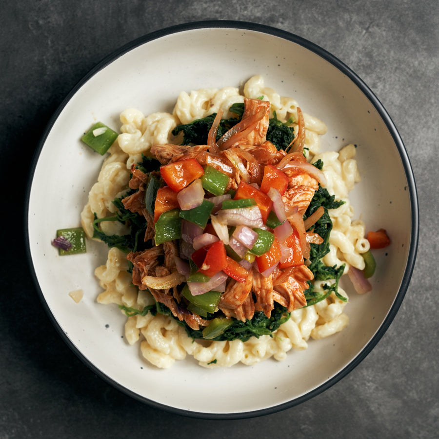 Texas Style Pulled BBQ Lean Chicken with Sauteed Spinach, Peppers & Lite Mac n' Cheese