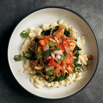 Texas Style Pulled BBQ Chicken with Sauteed Spinach & Peppers