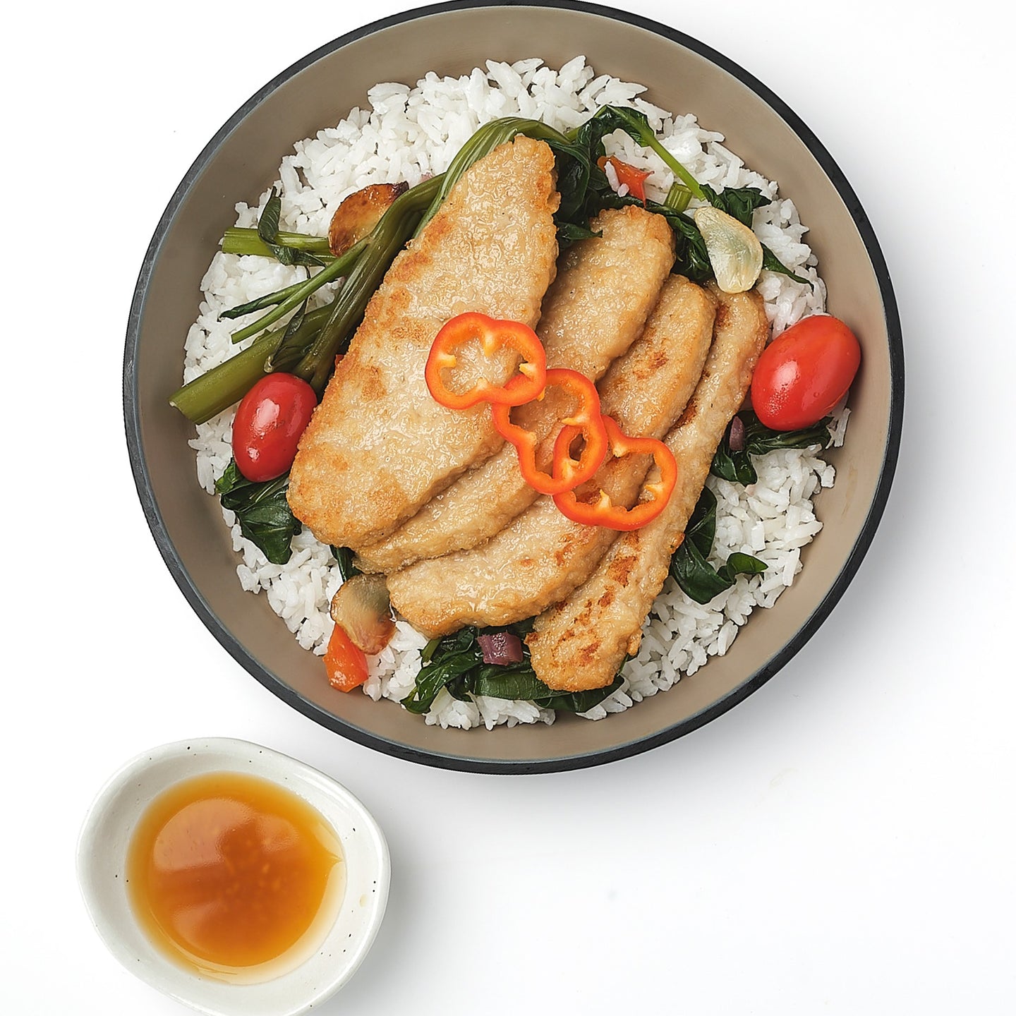 Thai Style Plant-Based Fish Fillet with Sauteed Morning Glory, Nuoc Cham & Steamed Pandan Coconut Rice