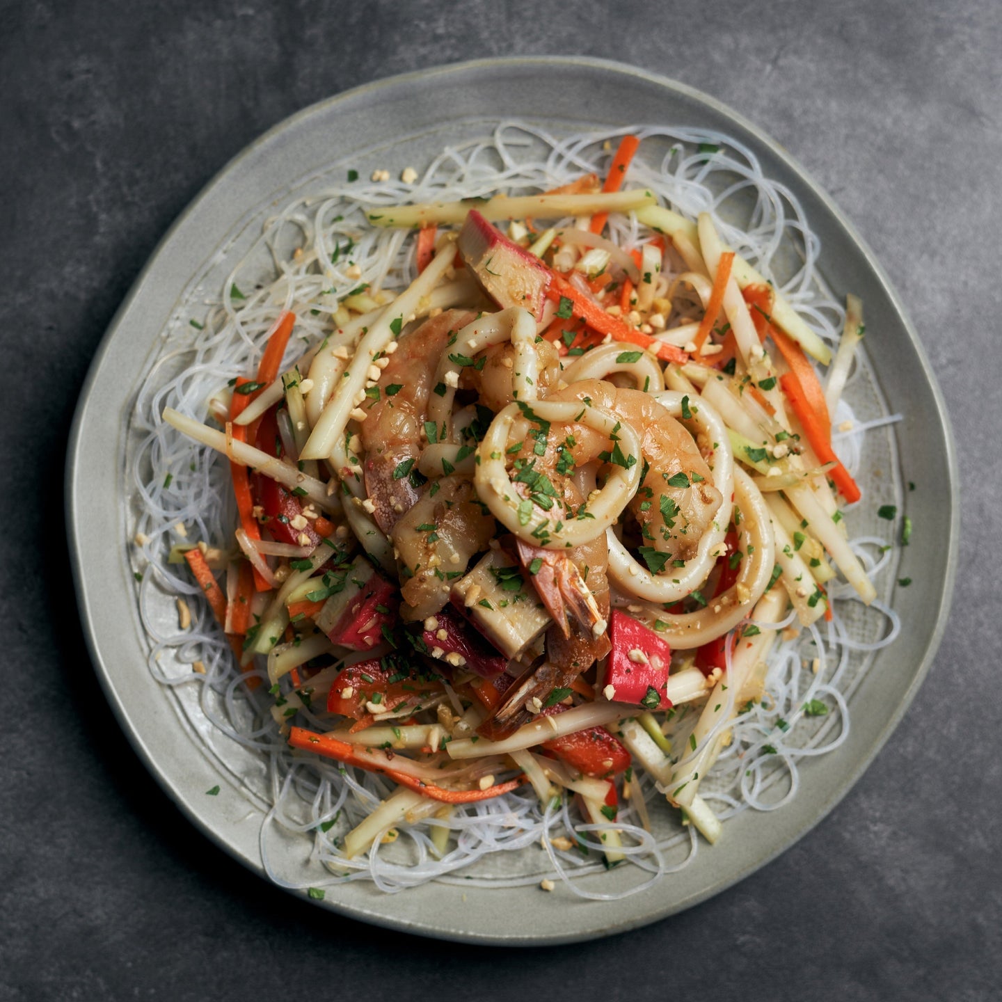 Healthy Thai Green Papaya Seafood Salad with Nahm Jim & Vermicelli Noodles