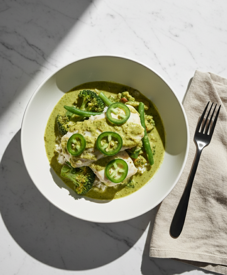 Thai Roasted Fish Fillet with Low Fat Green Coconut Curry Vegetables & Steamed Jasmine Rice