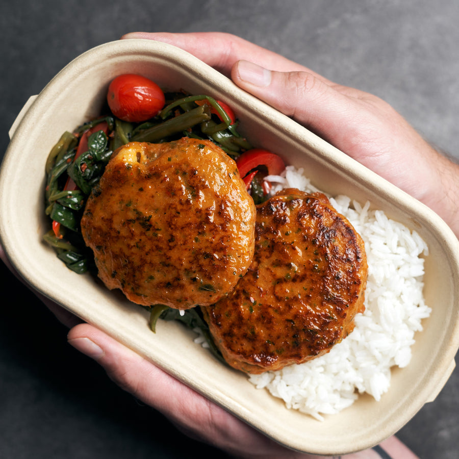 Thai Style Fish Cakes with Sauteed Morning Glory, Nuoc Cham & Steamed Pandan Coconut Rice