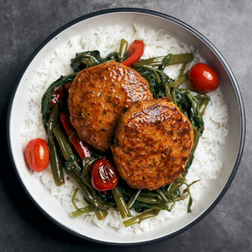 Thai Style Fish Cakes with Sauteed Morning Glory & Nuoc Cham