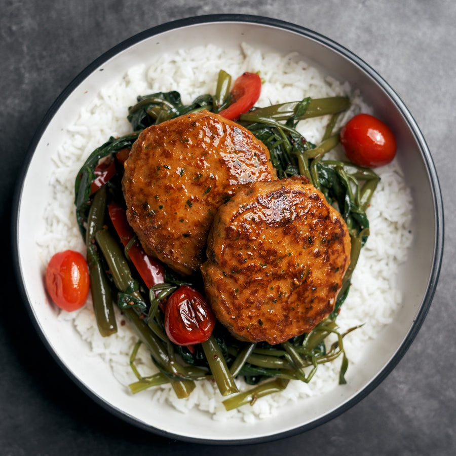 Thai Style Fish Cakes with Sauteed Morning Glory & Nuoc Cham