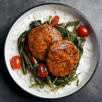 Plant-Based Crab Cakes with Sauteed Morning Glory, Nuoc Cham & Steamed Pandan Coconut Rice