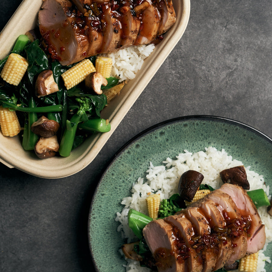 Thai Style Roasted Lean Pork Tenderloin with Kai Lan, Baby Corn, Shiitake Mushrooms & Steamed Jasmine Rice