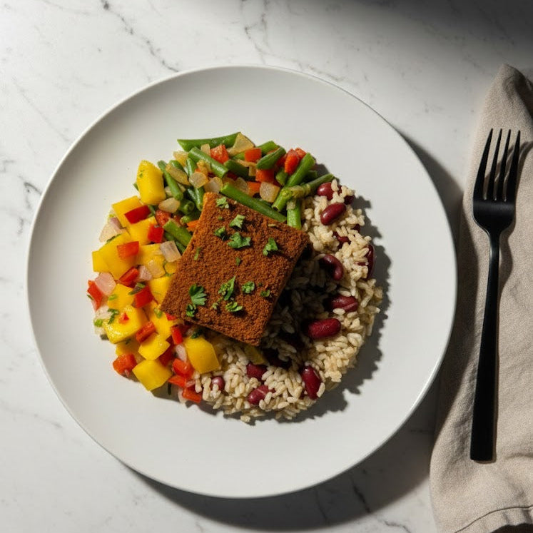 Caribbean Tofu With Mango Salsa, Green Beans & Brown Rice